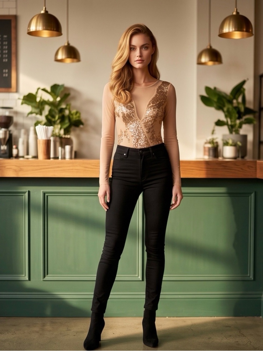 NWT Blashe Sheer Mesh Bodysuit Gold Sequin Detail Open Back Size Small